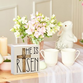 FLVGE Easter Decor, He is Risen Religious Easter Wooden Box Sign, Easter Cross Tiered Tray Decorations, Farmhouse Bunny Table Centerpiece Sign for Party Home Kitchen Dining Table Decor 5x5