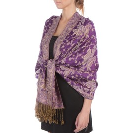 Sakkas Soft Silky Double Layer Jacquard Paisley Pashmina Shawl/Wrap/Scarf - Purple/Champagne