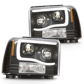 HECASA LED Projector Headlights Compatible with 2005-2007 Ford F250 F350 F450 F550 Super Duty Compatible with 2005 Ford Excursion LED Tube Bar Headlamps Replacement Clear Lens Black Housing