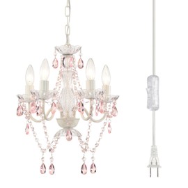 Alighting Plug in Chandeliers, 4-Light White & Pink Small Acrylic Crystal Hanging Ceiling Lamp with 20ft Cord, No Hardwire, White & Pink Chandeliers for Girls' Bedroom, Nursery or Playroom.