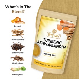 BREWIX, Turmeric Ashwagandha Herbal Tea Bags (50 Pyramid Tea Bags) Real Ingredients From India, Caffeine Free & Naturally Gluten Free | 100% Pure Herbal Blend Packed in Resealable Ziplock Pouch