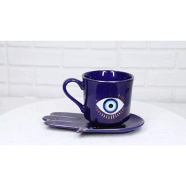 Blue Evil Eye Of Providence Hamsa Palmistry Hand Palm Mug Cup With Saucer Set