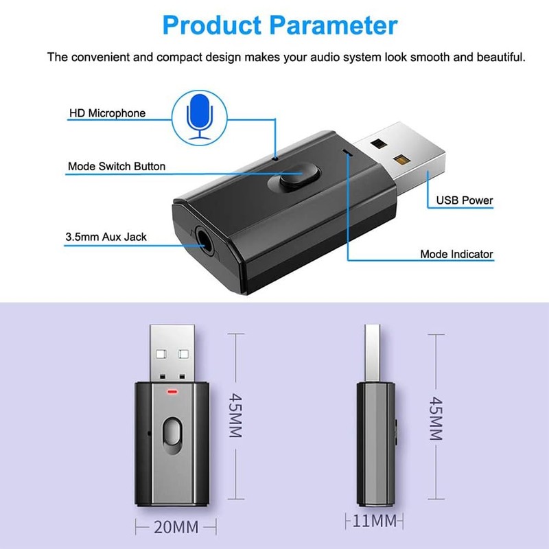 USB Bluetooth 5.0 Transmitter Receiver Audio Adapter AUX 3.5mm TV