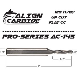 Align Carbide, UP Cut Router Bit, 1/8 Inch Cutting Diameter, 1/4 Inch Shank, Premium Solid Micro Grain Carbide, Spiral Plunge, 2 Flute, Flat Cutting Face, CNC Router Pro-Series.