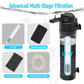 200 GPH Fish Tank Filter for Aquarium: Aquarium Filter with 8W Light for 20-75 Gallon Tank Submersible Pump Filter for Green Water Freshwater Saltwater