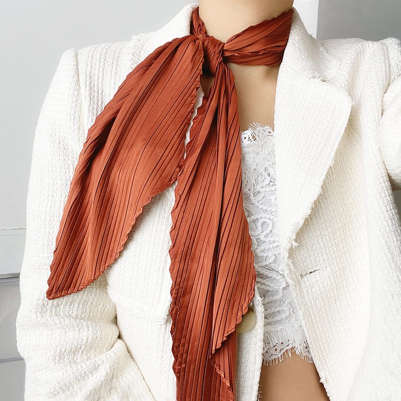 LumiSyne Pleated Square Scarf for Women Plain Silky Satin Neckerchief