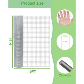 Hardware Cloth 16in x 10ft 1/4 Inch 22 Gauge, Hot-Dipped Galvanized Welded Wire Mesh, Low Carbon Steel, Animal Cage Wire Netting, Garden Wire Mesh