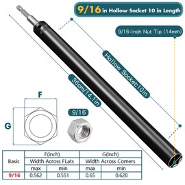 Blulu 9/16"(14mm) Power Nut Driver, Nut Runner Hollow Socket with 1/4" Hex Shank, Fit Long Bolts and Ductwork for Overhead Fastening Applications Operations(1 Pack, 10 Inch)