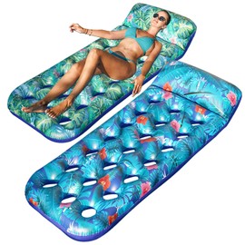 FindUWill Inflatable Pool Floats Raft, 2 Pack Pool Floats with Headrest for Adults, X-Large, Cooling Pool Floaties Contour Lounger (Monstera Green & Monstera Blue)