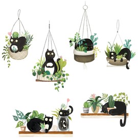 Buer Homie Black Cat Wall Decal, Cat Wall Sticker for Children, Cat Plant Wallpaper, Wall Stickers for Kids, Potted Plant and Cat Pattern Decals