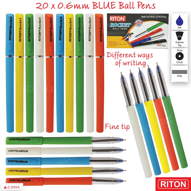 RITON Rocket 20 x 0.6mm Fine Tip BLUE Ball Pens