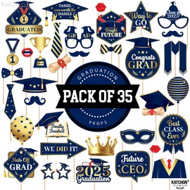 KatchOn, Graduation Photo Booth Props 2025 - Pack of 35 | Navy Blue and Gold Grad Photo Props 2025 | Grad Props for Photoshoot 2025 for Blue and Gold Graduation Decorations 2025