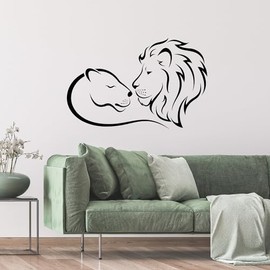 Vinyl Wall Decal King and Queen Lions in Heart Shape Animals Stickers Mural Large Decor (g9603) Black