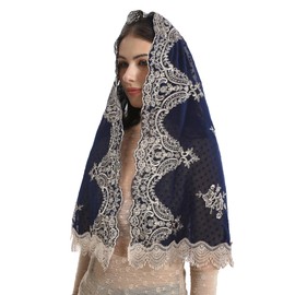 Mantveil Catholic Chapel Veils for Women: Vintage Blue Gold Floral Embroidered Chiffon Church Mantilla Veil Latin Mass Head Covering