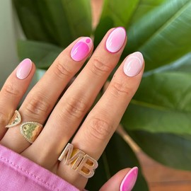 Press On Nails Almond Short Fake Nails French Pink White Gradient False Nails Press Ons Glossy Glue On Nails Reusable Full Cover Pink Artificial Stick On Nail For Women Nail Decorations