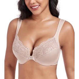 DotVol Front Closure Bras for Women Full Figure Plus Size Underwire Support Lace Racerback Wide Strap(Beige,44DD)