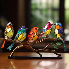 2023 New Stained Metal Birds On Branch Desktop Ornaments, Metal Flat Double Sided Colorful Birds Tabletop Decorations, Multicolor Hummingbird Craft Statue Bird Figurines Sculpture for Home Decor.