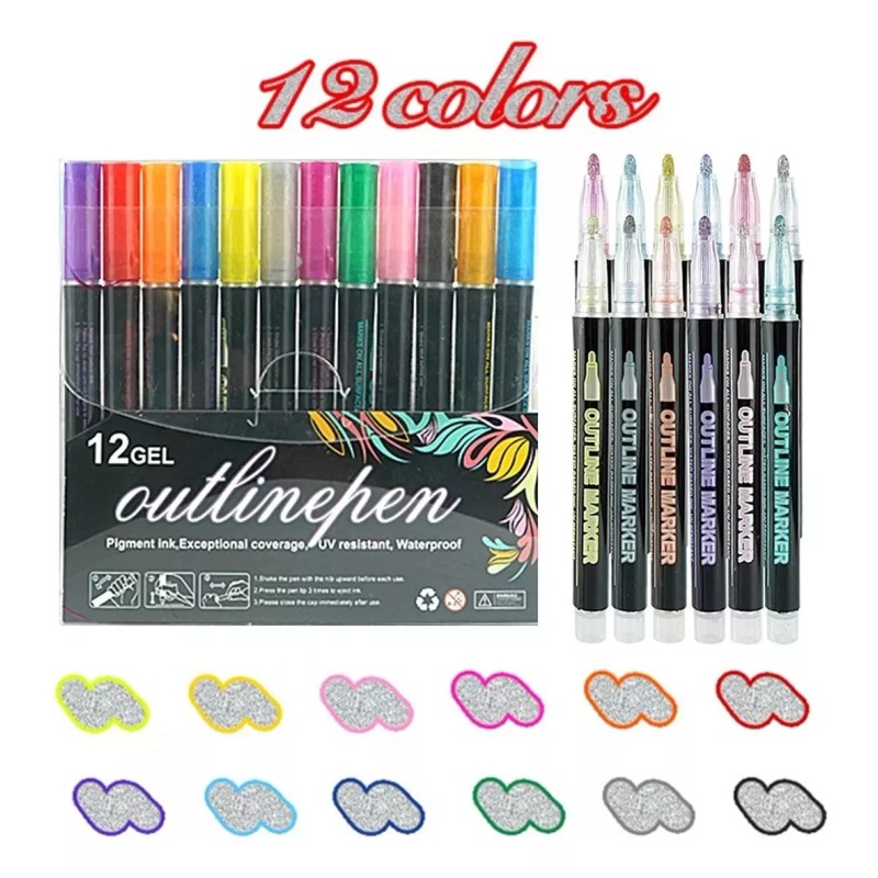 KFMX Plumones De Contorno Metálicos Doble Linea 12 Colores