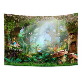 Haoyiyi 100x70cm Pilz Wald Wandteppich Elfen Häuschen Psychedelischer Wald Cartoon Wandbehang Blumen Zauberwald FrühlingsszeneWandteppich Abstrakt Wandkunst Spezielles Design für Schlafzimmerdekor