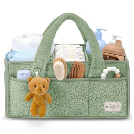 Sweety Fox Baby Diaper Caddy Organizer with Handle - Portable Sherpa Nursery Basket - Car Diaper Organizer, Cleaning Caddy, Gift for Baby Shower - Green