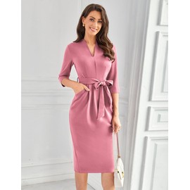 Office Dresses V Neck 3/4 Sleeve Red Wrap Dress Party Dresses Midi Pencil Dress L