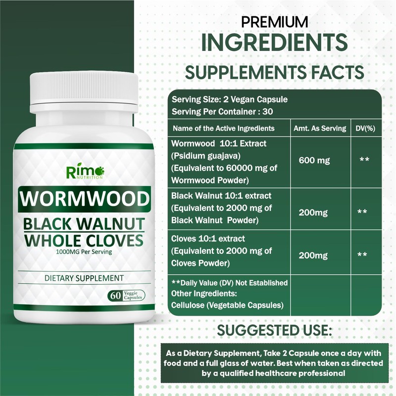 Rimo Nutrition Wormwood Black Walnut Clove Capsules - Cleanse, Detox,