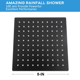 NearMoon Square Rain Shower Head With Extension Arm, Large Stainless Steel Rainfall Shower-Waterfall Full Body Coverage (8 Inch, Matte Black)