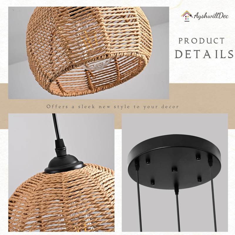 3-Light Mini Hemp Rope Woven Pendant Light Kitchen Island,3 Dome
