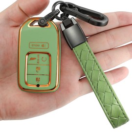 Kirsnda for Honda Key fob Cover with Leather Keychain,Fashion Soft TPU Protector Key Shell,Compatible with Civic Accord Pilot CR-V Insight Keyless Remote Smart Key(Green)