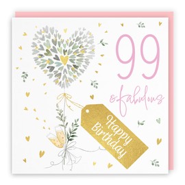 Hunts England - Contemporary Hearts Pretty 99th Birthday Card - Gold Foil - Milo's Gallery - Age 99 Female Fabulous Birthday Card - Birthday Card For 99 Year Old - Age Ninety Nine - Pink Envelope