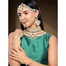 Aheli Beautiful Bridal Choker Necklace Matha Patti Nose Ring Haath Phool Set Ethnic Wedding Fashion Jewelry for Indian Women Maroon
