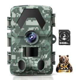 Wildlife Camera, 5K 60MP Wildlife Camera with 98FT 130 Wide Angle, 0.05s Trigger Time, Night Vision, Motion Sensor, Hunting Camera, IP66 Waterproof, No Glow Infrared LEDs for Garden with 64GB Memory