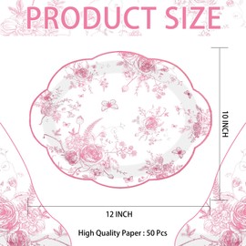 50Pcs Pink Floral Oval Paper Plates 10" x 12" Large Pink and White Floral Scalloped Plates Disposable Heavy Duty Vintage Flower Dessert Platters for Wedding Bridal Shower Decoration Tea Party Supplies