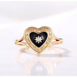 18 Gold Plated Obsidian Black Agate Dropped Gum Heart Luxury Ring Dark Gothic Black Enamel Heart Ring Dropped Oil Lightweight Luxury Couple Ring (US Code 8)