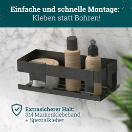 husman® Shower Shelf No Drilling | Stainless Steel Matt Black | with Drain Grooves & 3 Hooks | Glue Instead of Drilling | Shower Basket Wall Shelf Shower Shelf Bathroom Shelf Decorative Bathroom