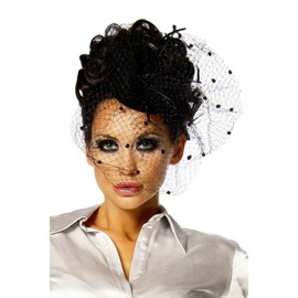 Jowiha ® Mini Hat with Tulle veil and satin rose decoration veil Fascinator with Black or Red - Black - One size