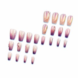 MERVF Coffin Press on Nails Long Fake Nails Purple Ombre Glue ons Colorful Lines Design Ballerina Rhinestones Acrylic False Nails for Women Glossy 24pcs