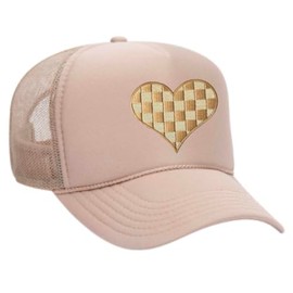 Glitter Lids Checkered Heart Patch Trucker Hat - Tan/Cream