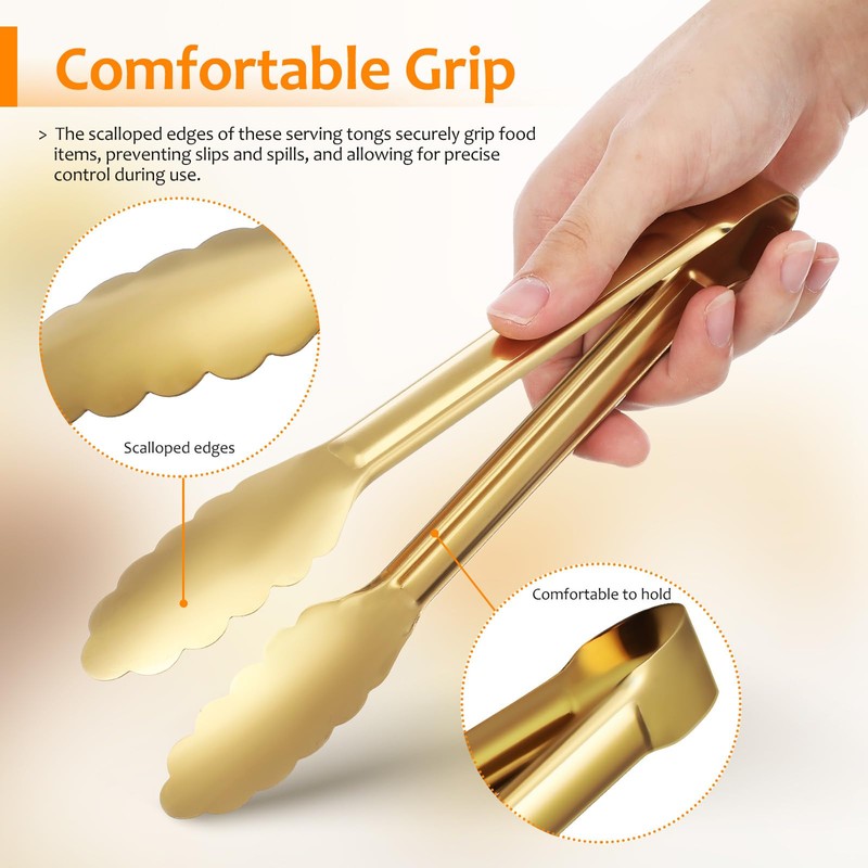 Luxshiny 4pcs Golden Stainless Steel Serving Tongs for Cooking, BBQ,