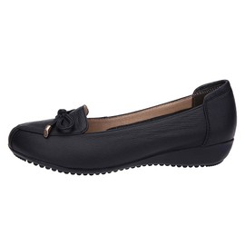Jamron Women’s Genuine Leather Comfort Shoes, Soft Sole Ballet Flats, Low Wedge Heel, Slippers, Black tie