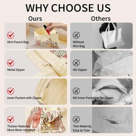 VADOO Canvas Tote Bag - with Zipper & Small Pouch, Cute Shoulder Bag for Women Reusable Large Tote Bag for Gym, College, Travel, Library, Shopping (Floral and books)