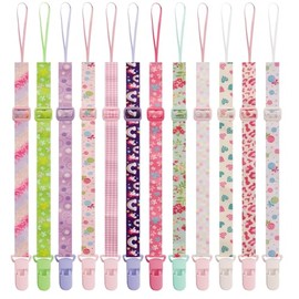 Paquete de 12 clips para chupete con correa ajustable (32-46,5 cm) – Juego de soportes para chupete de bebé de poliéster premium, clips multidiseño para niños y niñas (multicolor A)