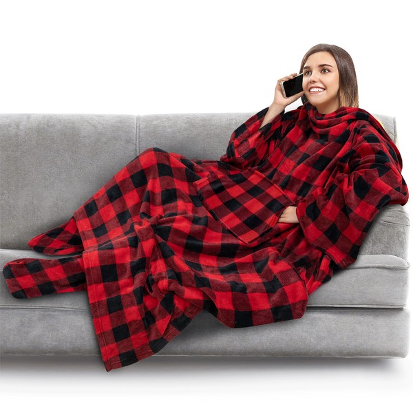 PAVILIA Fleece Blanket with Sleeves and Foot Pockets for Women Men Adults, Wearable Blanket Sleeved Throw Wrap, Plush Hug Sleep Pod Snuggle Blanket Robe, Cozy Gift Ideas Wife Mom, Checkered Red