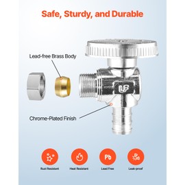 VEVOR 10 Pack Angle Stop Valve, Water Shut Off Valve 1/2" PEX x 3/8" OD Compression, 1/4 Turn Chrome Plated Brass Shutoff Valves for Bathroom Kitchen Toilet Shower Plumbing