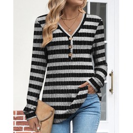 HOTGIFT 2026 Winter Sweater for Women Casual Long Sleeve Tunic Tops Vneck Buttons Shirts Grey-Black Stripes Large