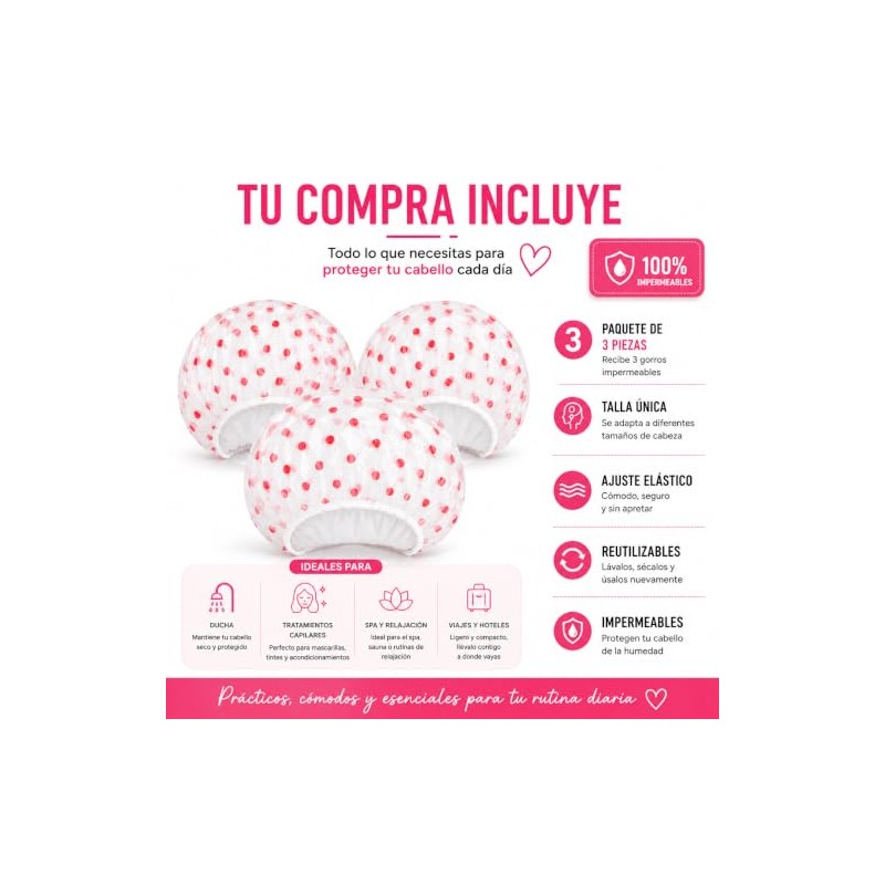 Set de 3 Gorros para Baño Impermeables, Gorra de Ducha