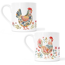 Noble & Page Set of 2 Bone China Cups – Nordic-Inspired Design with Brightly Coloured Chickens & Floral Accents – 8oz Hand-Printed Tea & Coffee Cups