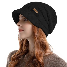 LeafIn Women's Knit Hat, Ladies' Cap, Casquette, Beret, Warm, Fleece Lined, Brim, Cold Protection, Thermal, For Cycling/Biking/Skiing/Sports/Outdoors, Winter 9960, Black, Free size