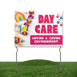 Day Care - Loving & Caring Environment! Yard Sign by DC | 24"x18" Double Sided School Garden Sign with 13” Metal Stakes | Outdoor Signs Waterproof for Lawn, Patio, Sidewalk & House | Set of 3
