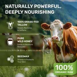 Beef Tallow for Skin – Grass Fed Whipped Tallow and Honey Balm, Face and Body Moisturizer with Beeswax and Wild Honey, 3-Ingredient Fragrance Free Non Comedogenic Formula for Dry Sensitive Skin